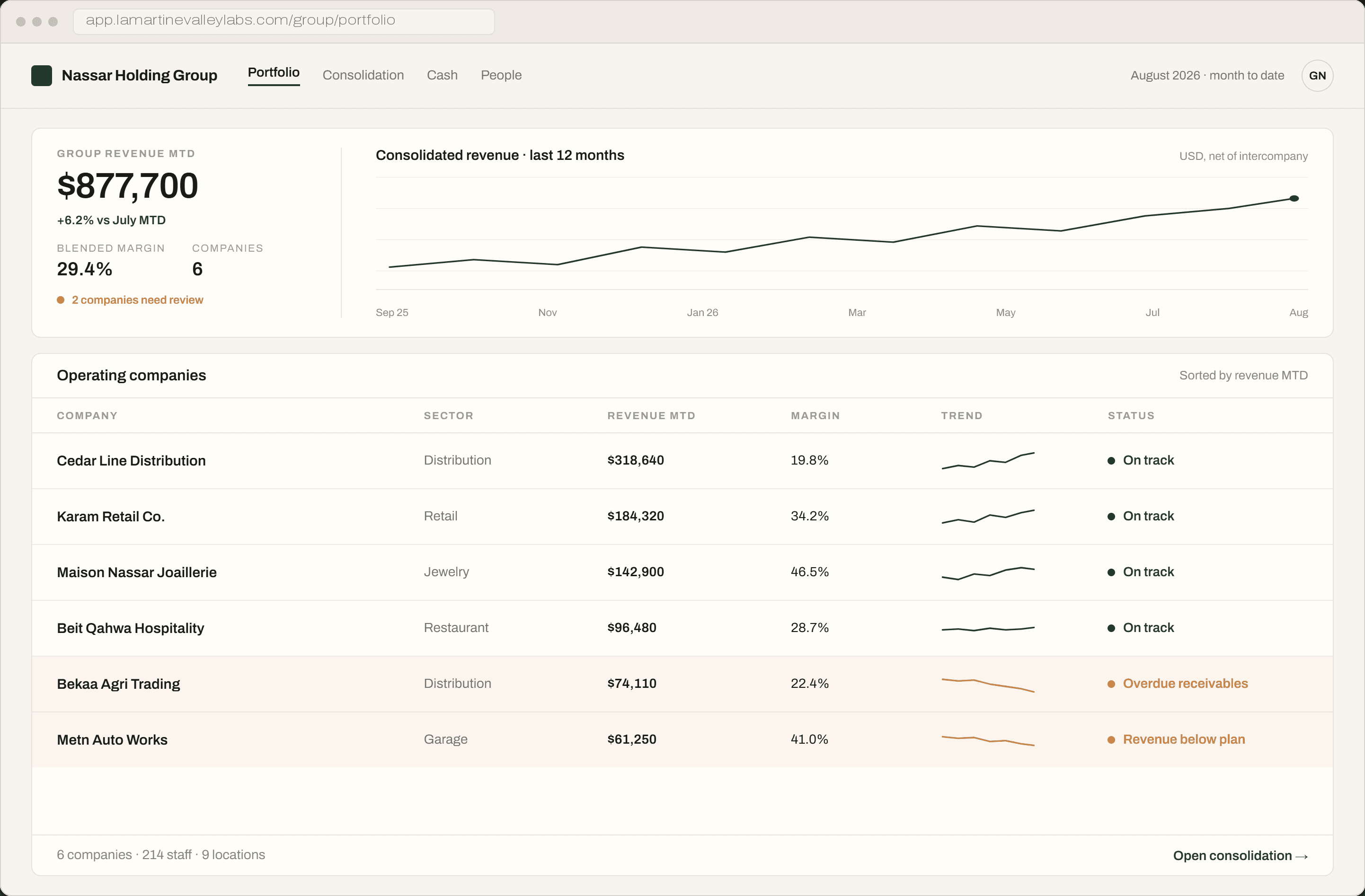 Group portfolio dashboard showing performance across business units